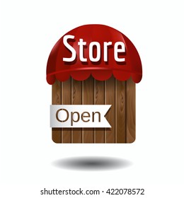 Icon with awning in red  and wooden texture. Great icon or button for web or advertising. Vector illustration.