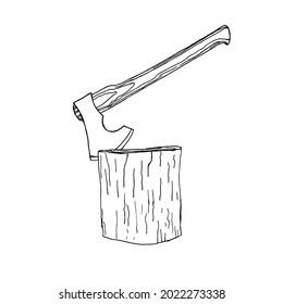 The icon of an axe stuck in a stump, in the style of doodles.  Carpenter's tool, isolated on a white background. A black-and-white hand-drawn image.