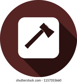 Icon of an axe. White flat image on white square with long shadow