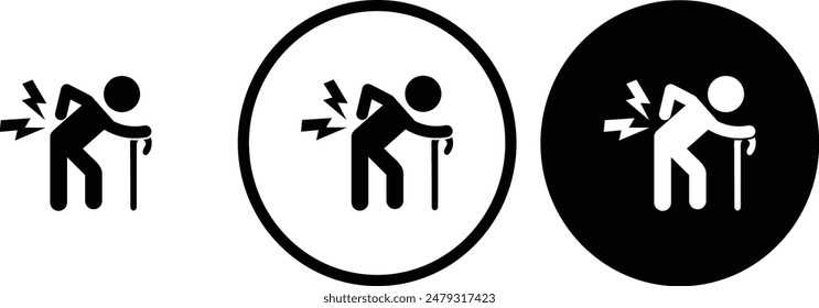 Icono Dolor de espalda contorno negro para diseño de Sitio web 
y App móviles en modo oscuro 
Ilustración vectorial sobre fondo blanco