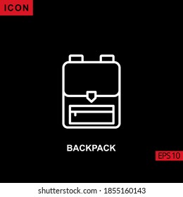 Mochila de icono sobre fondo negro. Contorno, línea, línea lineal o lineal colección de símbolos vectoriales para aplicaciones web diseño móvil.