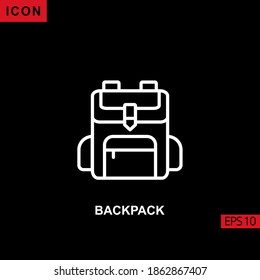 Icon backpack on black background. Outline, line, lineal or linear vector icon symbol sign collection.