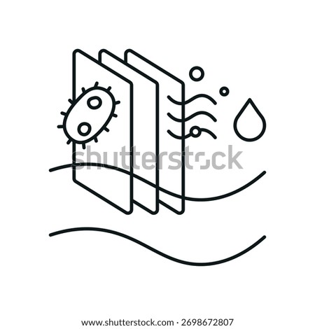 
Icon of bacteria-based purification system. Stylized microbe, molecular structure and filter. Shows microbial breakdown of toxic and persistent water pollutants using engineered biofilter technology
