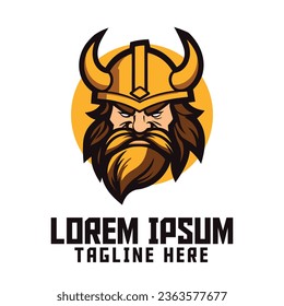 Icon Badge Emblem of a Golden Viking Mascot Head Logo: Nordic Template, Warrior with Helmet for Berserker Sport and Esport svg