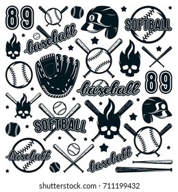 Icon and badge set of baseball and softball equipment. Graphic design for t-shirt. Black print on white background