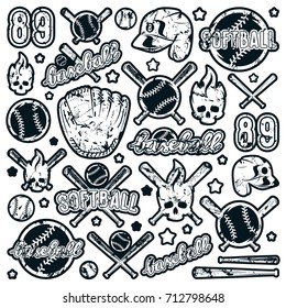 Icon and badge set of baseball and softball equipment. Graphic design for sticker and t-shirt. Monochrome print on white background