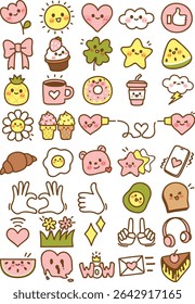 Icon badges cute vector art pink heart theme sticker sheet emoji set,seamless pattern, wrapping paper, fabric textiles, kid clothes he