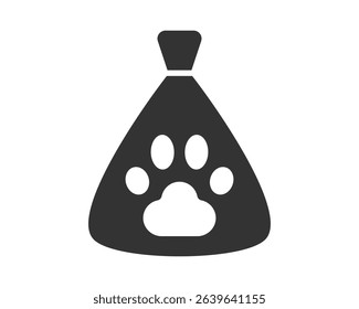 Icon of a bag or sack with a dog paw print, symbolizing pet care, food, or related products. Use for veterinary, animal shelter, or pet product designs. Minimalist  clear.