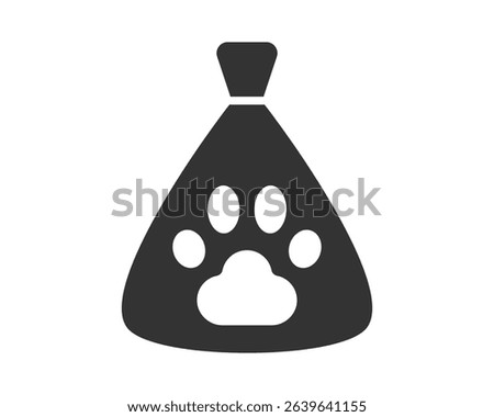 Icon of a bag or sack with a dog paw print, symbolizing pet care, food, or related products. Use for veterinary, animal shelter, or pet product designs. Minimalist  clear.