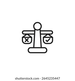 An icon of a balance scale with a checkmark on one side and an 'X' on the other, symbolizing judgment, evaluation, or decision-making between right and wrong.