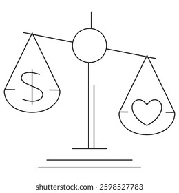 Icon of a balance scale with a dollar symbol on one side and a heart on the other, representing a balance between money and emotions. Vector pictogram with thin black lines. Line thickness is editable