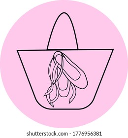 icon of a ballet bag with the image of Pointe shoes for a ballerina in black on a pink background