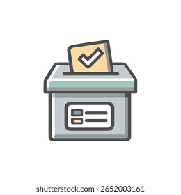 Icon of ballot box with a check marked vote. Symbolizes vote casting and civic participation, rendered in a simple line art style on transparent.