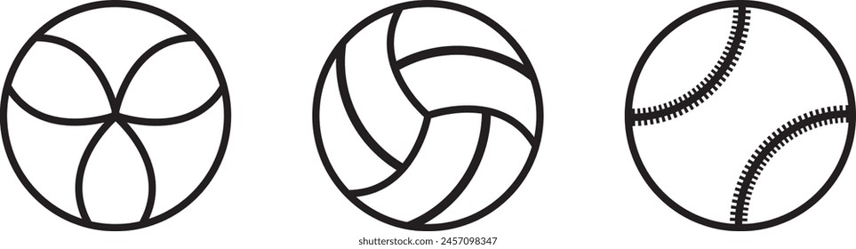 Icon balls, balls, volleyballs and base balls in black and white. Concept: sports, sports equipment