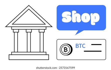 Icon of a bank building, speech bubble with Shop text, and BTC cryptocurrency symbol. Ideal for finance, cryptocurrency, e-commerce, digital transactions, and banking. Simple, modern style