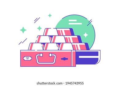 Icon of bank storing pyramid of ingots of golds. Concept of finance symbol guarding service using for valuable bars in flat style. Vector illustration.