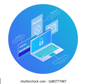 Icon banking application for laptop. Smartphone, credit card, interface elements on the gradient circle. Circle shaped icon and isometric vector illustration.