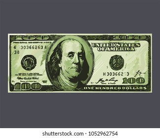 Icon Banknote The US Dollar. Image American Money Is A Hundred Dollars Worth. Illustration American Detailed 100 Dollars Bill 