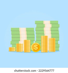 El icono de los billetes con monedas de oro. Ilustración vectorial. Perfecto para el diseño de una ilustración, sitio web. Icono de estilo plano de Cash Money.