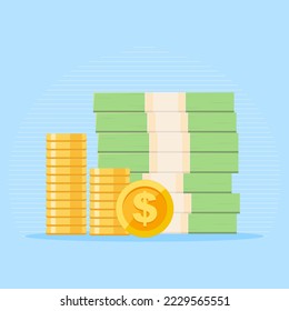 El icono de los billetes con monedas de oro. Ilustración vectorial. Perfecto para el diseño de una ilustración, sitio web. Icono de estilo plano de Cash Money.