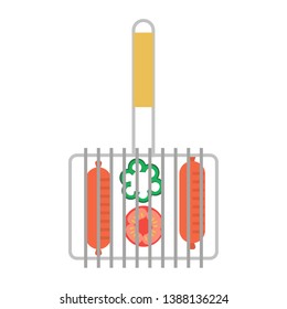 Icon for barbecue and grill, fry sausages tomatoes pepper. Vector flat style illustration.