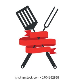 Icon of barbecue or grill tools. Cross fork for barbecue with spatula.  Vector logo template symbol. Illustration of a flat design. Isolated on a white background black simple silhouette. Bbq set.