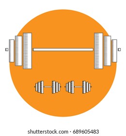 Icon of a barbell and dumbbells on an orange background. Weightlifting. Silhouette of a barbell and a dumbbell. Vector illustration.