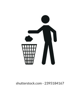 The icon of the basket and the person throwing garbage into the basket, isolated on a white background. Flat vector illustration.