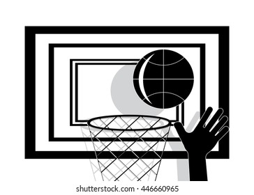 icon basketball. Shield with mesh and hand with the ball.