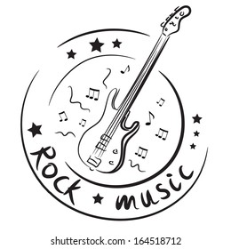 icon with a bass guitar and notes. vector illustration