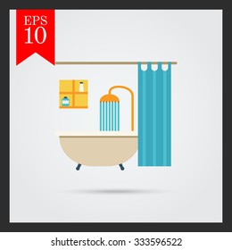 Icon of bathroom interior including bathtub, shower, shower curtain and shelves