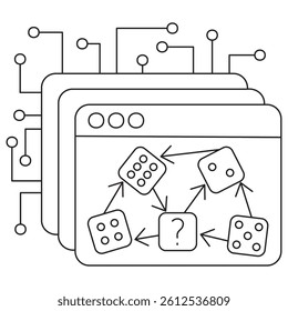 Icon of Bayesian network in artificial intelligence and data science. Vector pictogram illustrating probabilistic graphical model. Thin black lines. Editable stroke for line thickness customization