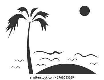 Icon of the beach by the sea with a palm tree. Hot summer. Vacation. Vector image isolated on a white background. Flat icon in black style.