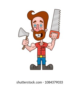Icon of a bearded lumberjack with an ax in his hand. Woodcutter in a plaid shirt.