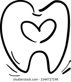 Icon beautiful healthy tooth with heart. Dentistry. Hand-drawn