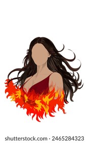 icon of a beautiful woman wrapped in fire without background