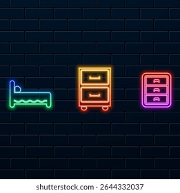 icon, bed, closet, wardrobe. neon style, logo isolated on white background. Single and double bed. Hostel, hotel, hotel.