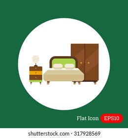 Icon of bedroom interior including double bed, wardrobe and bed cabinet with lamp