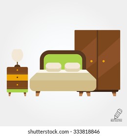 Icon of bedroom interior including double bed, wardrobe and bed cabinet with lamp