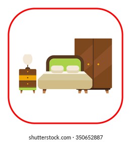 Icon of bedroom interior including double bed, wardrobe and bed cabinet with lamp