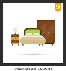 Icon of bedroom interior including double bed, wardrobe and bed cabinet with lamp