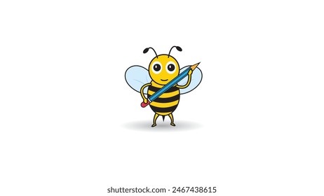 icon bee cartoon, cute bee with smiling face bring pencil for study go to school 