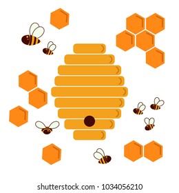 Icon bee hive and honeycomb. Hexagon natural honey structs and beehives. Vector illustration. Insects and honey. For infographics or web