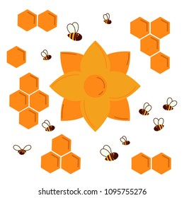 Icon bee honeycomb and nectar flower. Hexagon honeycombs pattern, natural honey structs and bees swarm. Vector illustration. Insects, honey and flowe. For infographics or web