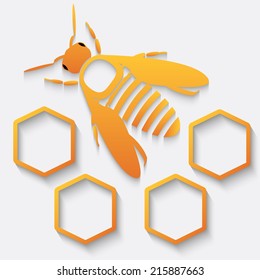 Icon with bee and honeycomb with shadow on gray background