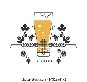 Icon with beer glass, hop and wheat. Craft beer, brewery. Isolated elements on white background.