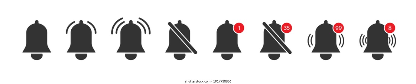 Icon of bell of notification. Alert of notice in app. Logo of alarm for subscription in social media. Symbol of ui for reminder and new message. Button for phone application, web interface. Vector.