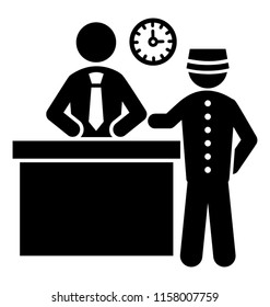 
Icon of bellboy standing on reception with manager discussing something depicting reception desk
