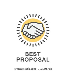Icon best proposal. Handshake after a successful agreement. The thin contour lines with color fills.