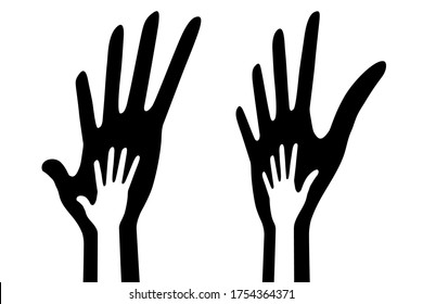 Icon of big hand and small hand in perspective. Vector illustration set. Help symbol. Support emblem. Parent and baby hands. Vector logo for education, health care, medical. 